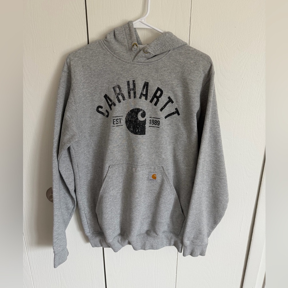 Carhartt Gray Hoodie with Black Logo Graphic, Size Small
